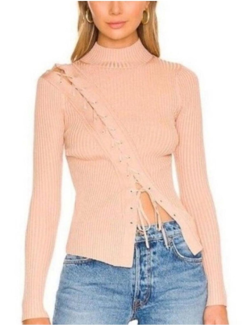 Jonathan Simkhai Blush Ribbed Lace-Up Turtleneck Sweater